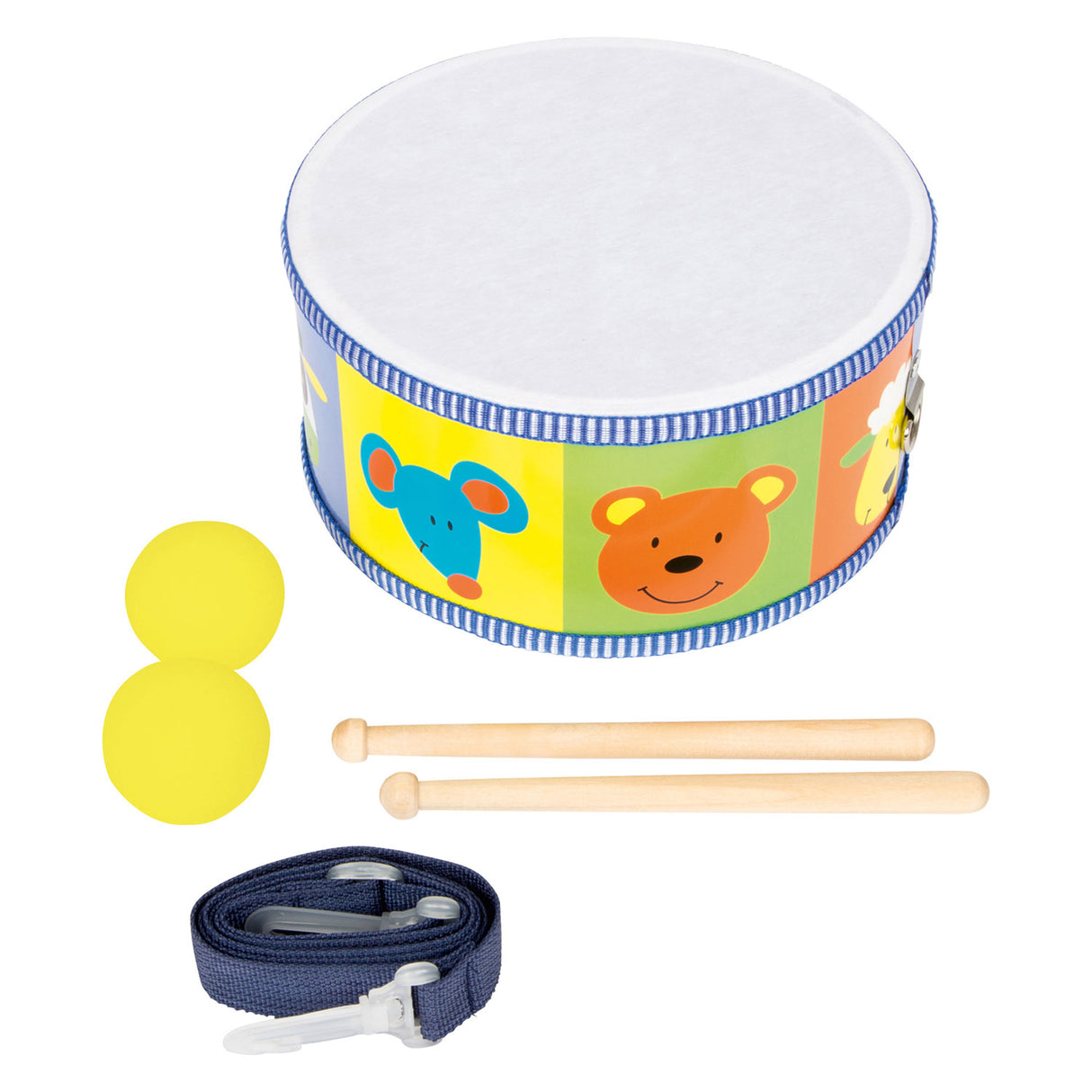 Small foot wooden drum animals with sticks, 3dlg.