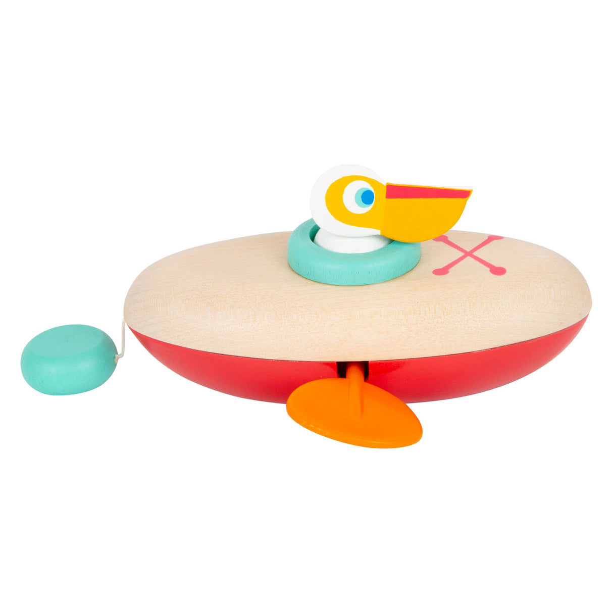 Small Foot Bath Toy Wood Canoe Pelican är upphetsad