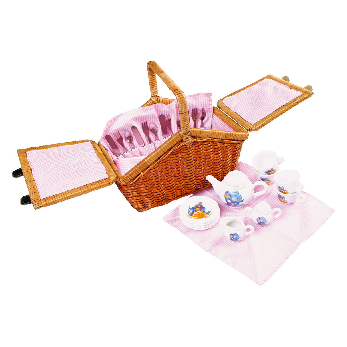 Small foot wooden picnic basket with romantic crockery, 30dlg.