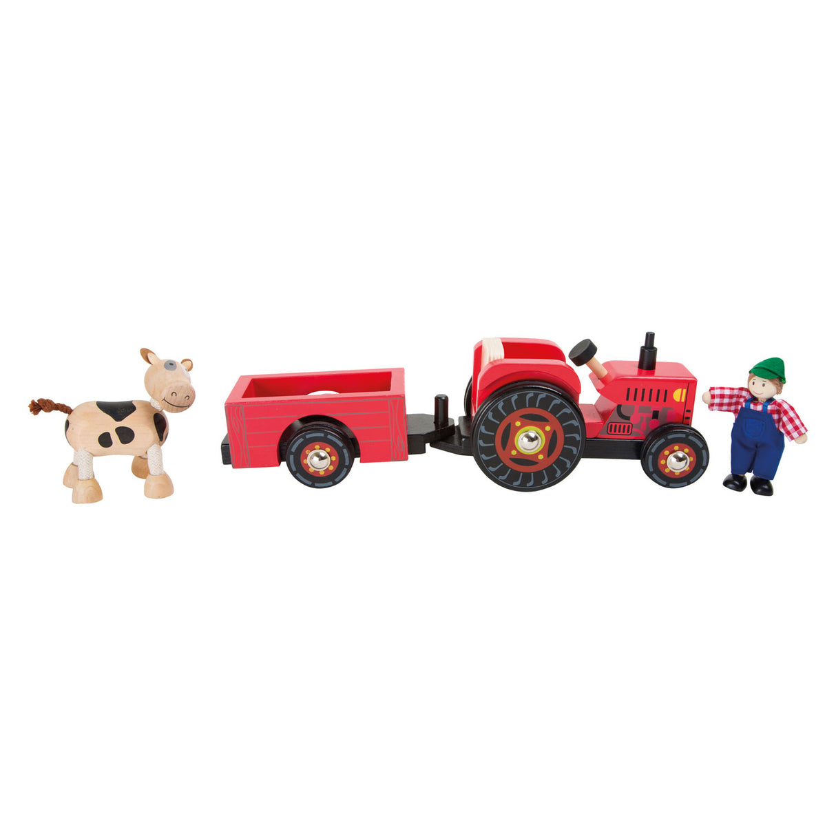 Kleiner Fußhölzerntraktor mit Anhängerrot und Spielfiguren, 4dlg.