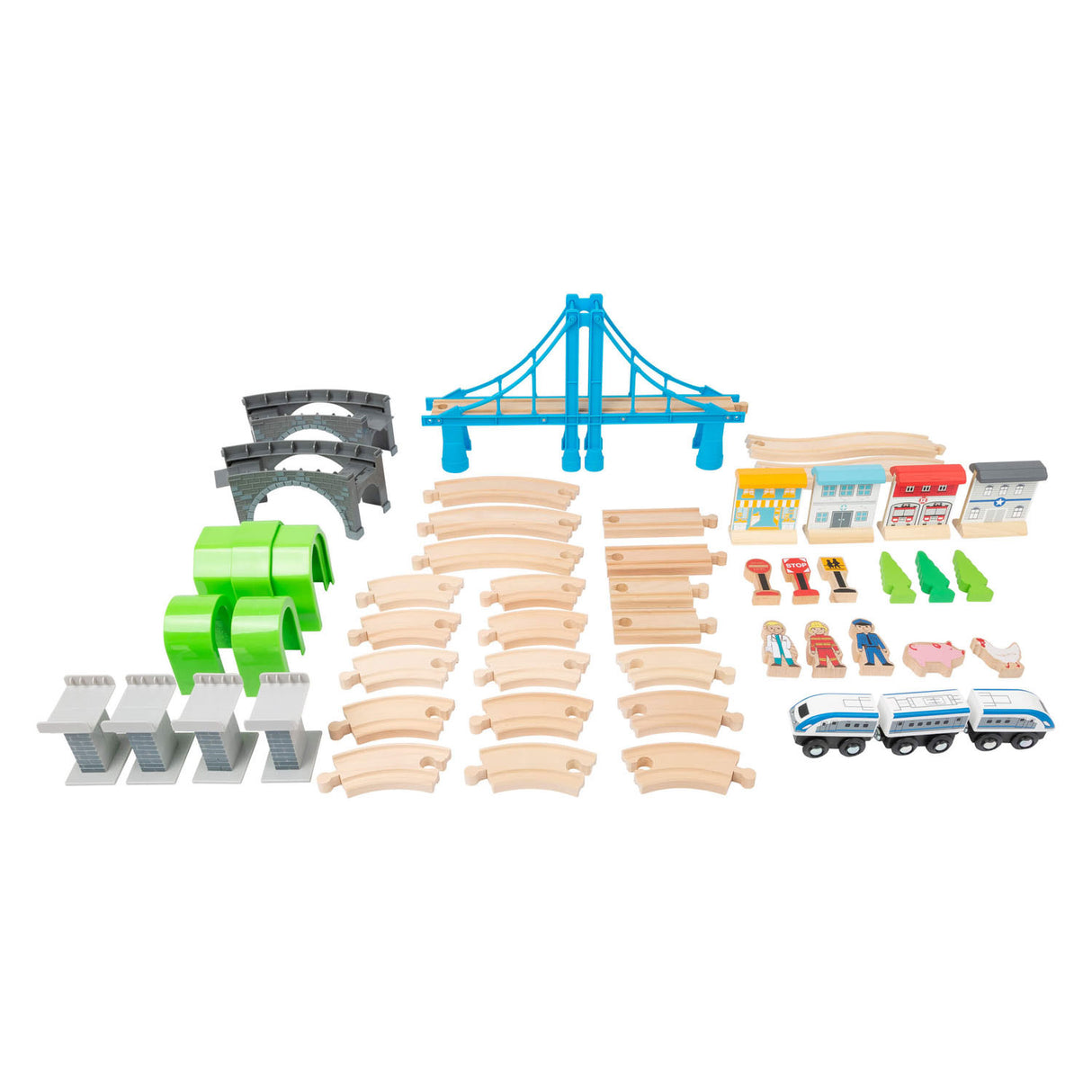 Small foot wooden train set with bridge, 60dlg.