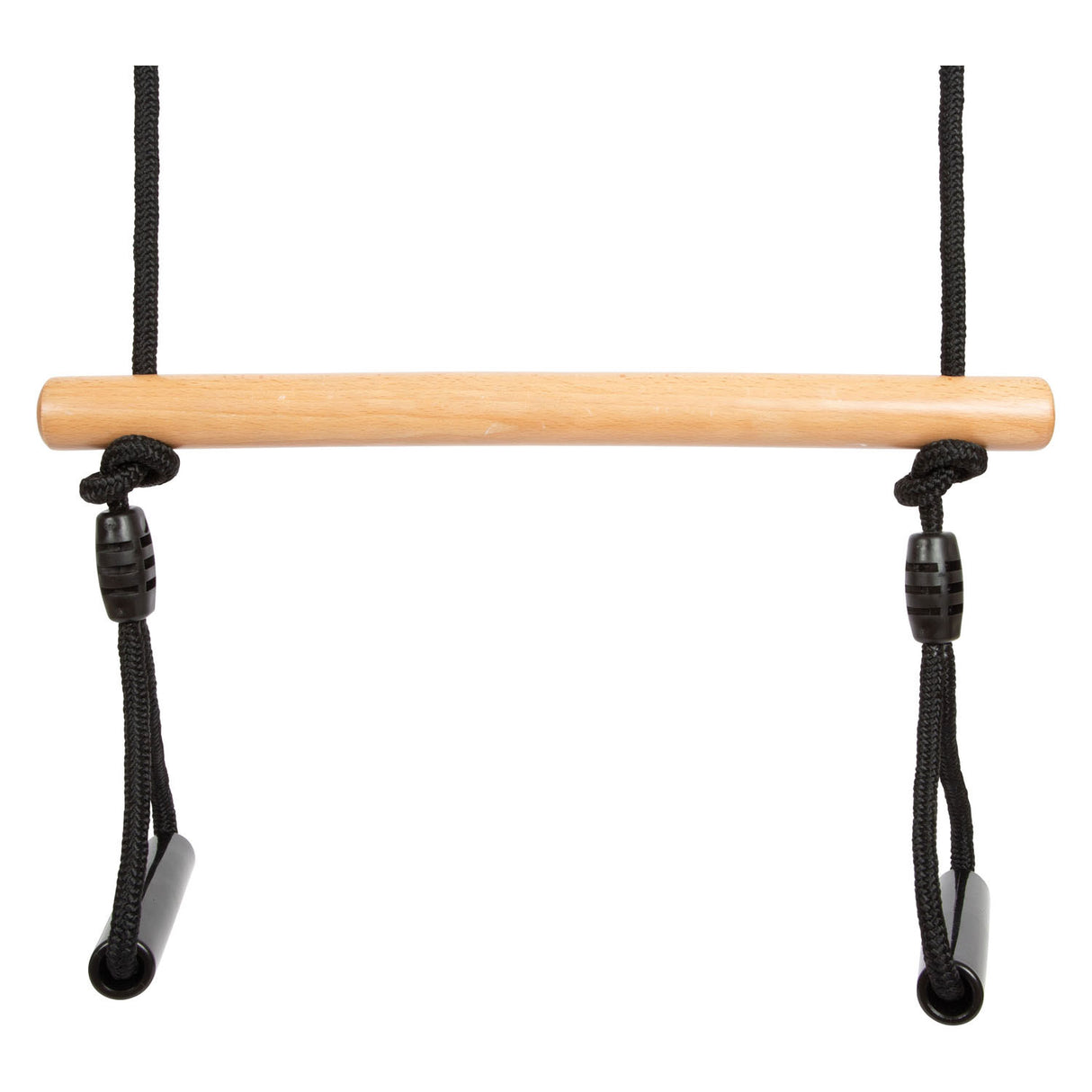 Small foot wooden trapeze swing with gymnast rings black line