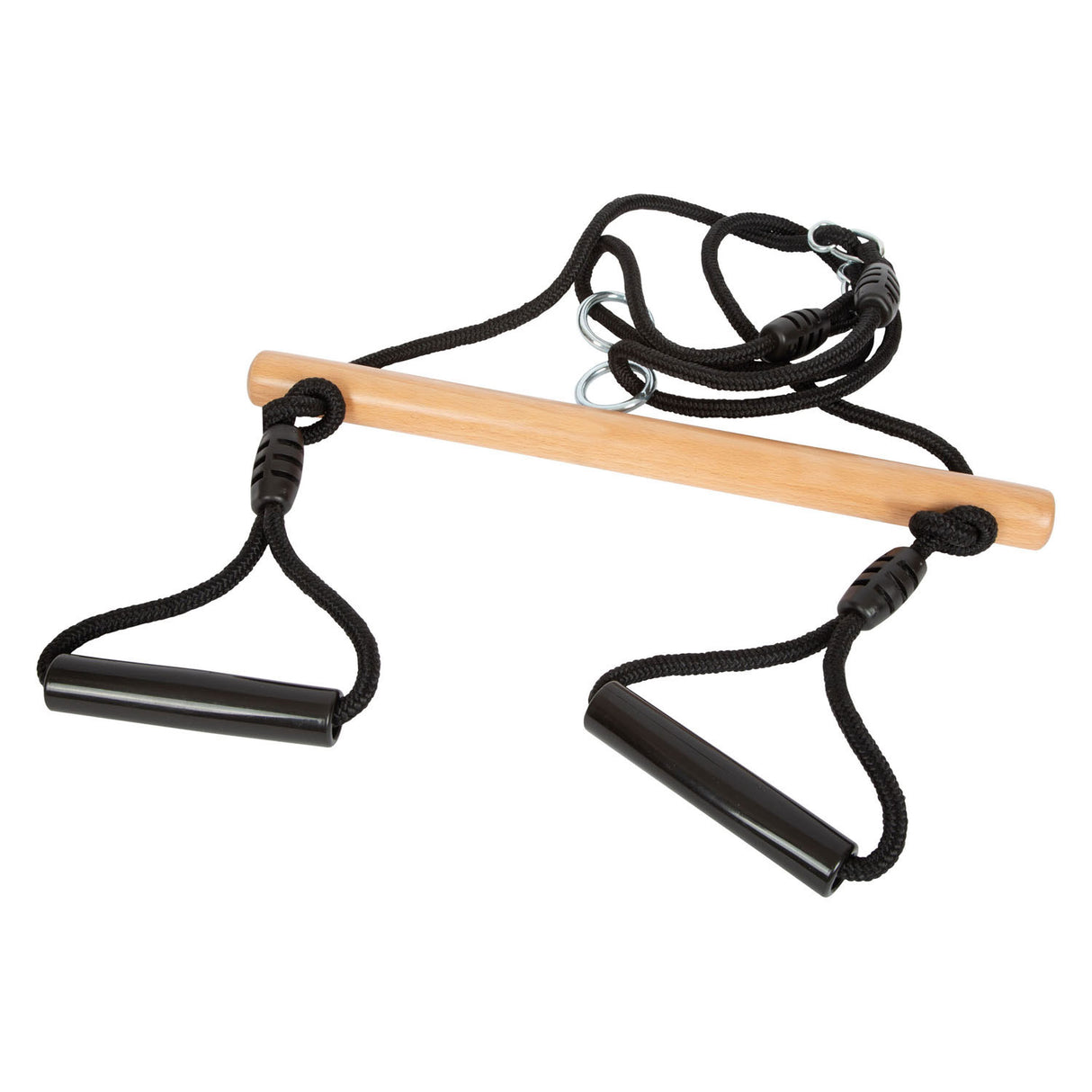 Small foot wooden trapeze swing with gymnast rings black line