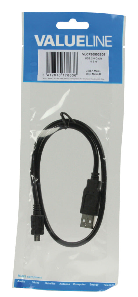 Valueline VLCP60500B05 USB 2.0 USB Un maschio USB Micro B Cavo maschile 0,50 M nero