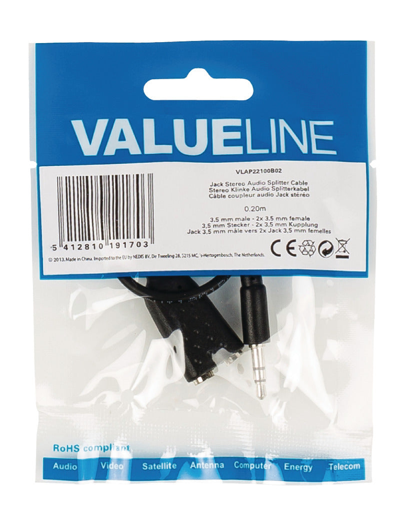 Valueline Valueline VLAP22100B02 Jack Stereo Audio Distribution Cable 3,5 mm hane 2x 3,5 mm Kvinnlig 0,20 m svart