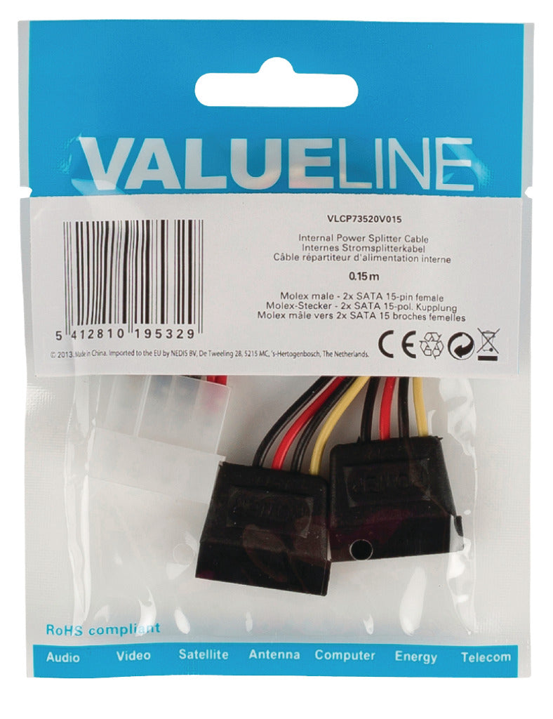 Valueline VLCP73520V015 Intern Stroom Splitter Cable Molex Male - 2x SATA 15 -Pins Female 0,15 m flerfärgad färgad