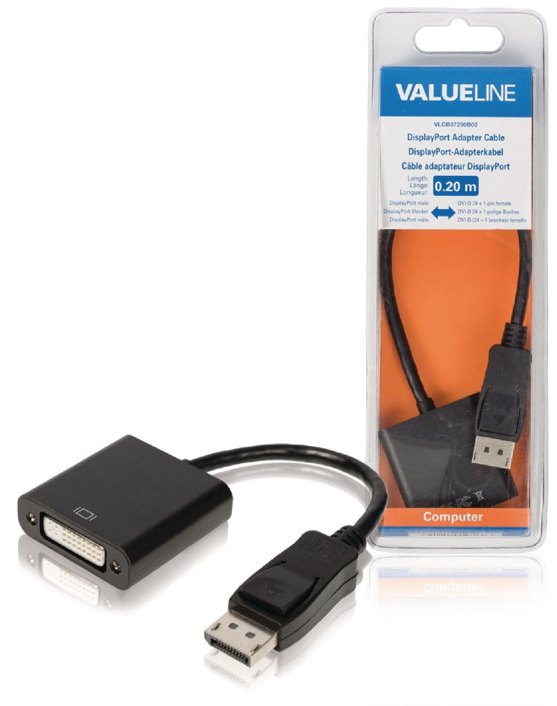 Valueline VLCB37250B02 Câble Adaptateur DisplayPort DisplayPort Mâle - DVI-D 24 + 1-pin Femelle 0,20 m Noir