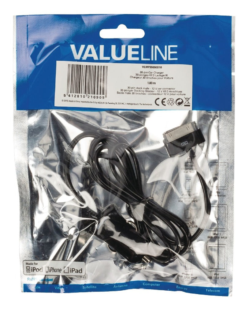 Valueline Valueline VLMP39890B10 30 pines Auto-Lader 30 pines Dock Male 12V CAR CONEXIÓN 1.00 M Negro 2.1A