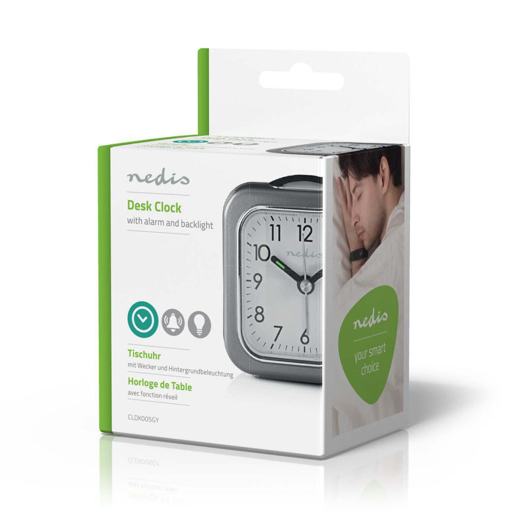 NEDIS CLDK005GY Reloj de escritorio analógico con alarma cuadrada gris