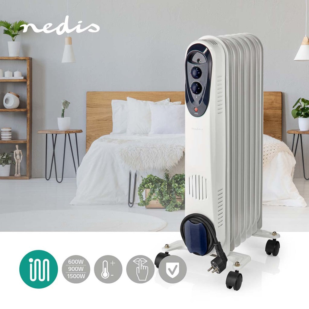 NEDIS HTOI30WT7 Radiateur d'huile mobile 600 900 1500 W 7 Thermostat réglable des ailerons 3 Postes de chaleur OmvalveVetie Wit