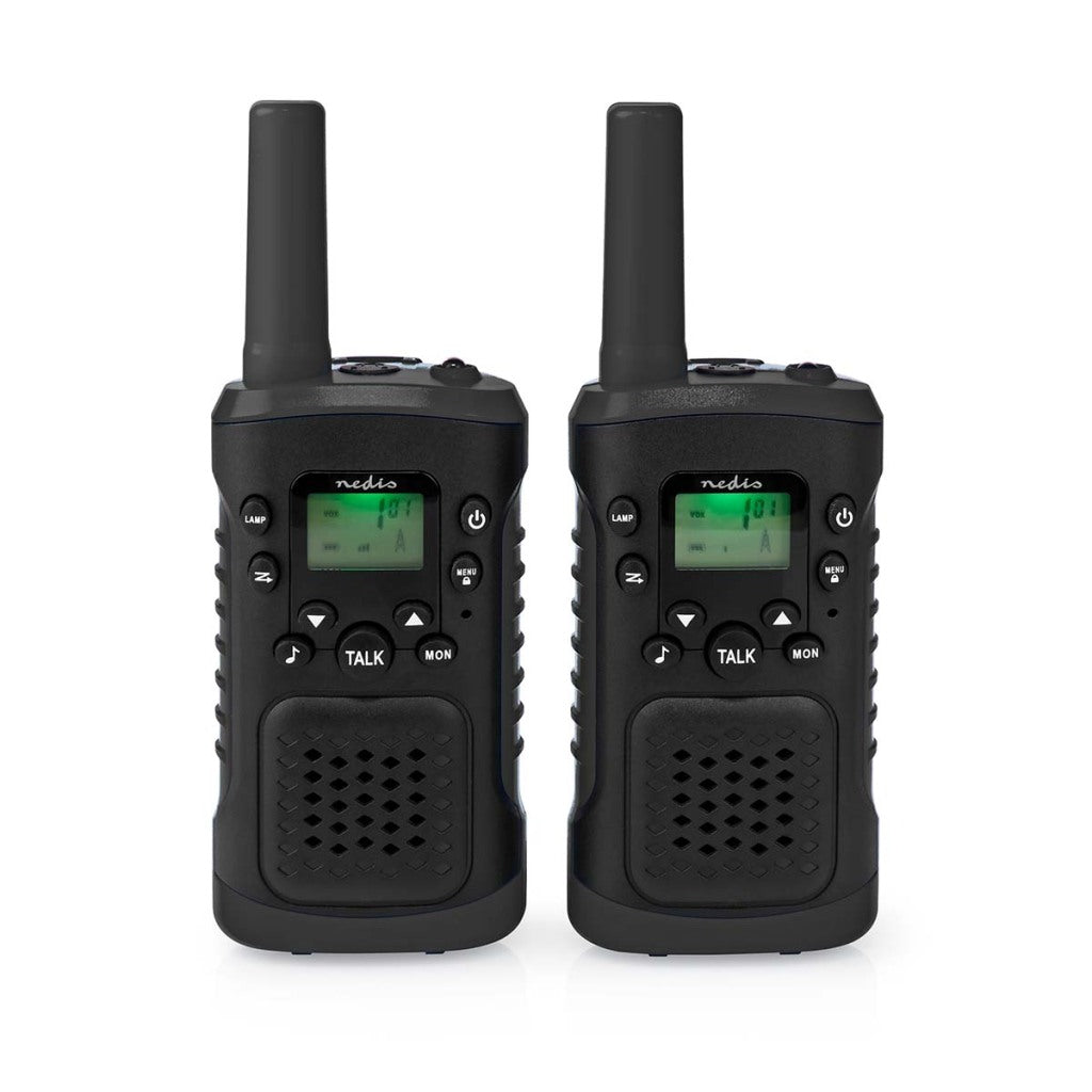 Nedis WLTK0610BK Walkie Talkie Ustaw 2 telefony do 6 km Kanały częstotliwości: 8 PTT VOX do 3 godzin wyjściowych słuchawek 2 słuchawki Czarne