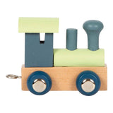 Small foot houten lettertrein locomotief blauw groen