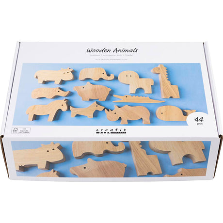 Creativ company animaux en bois, ferme et safari, h : 3-14,5 cm, épaisseur 2 cm, 44 pièces 1 boîte
