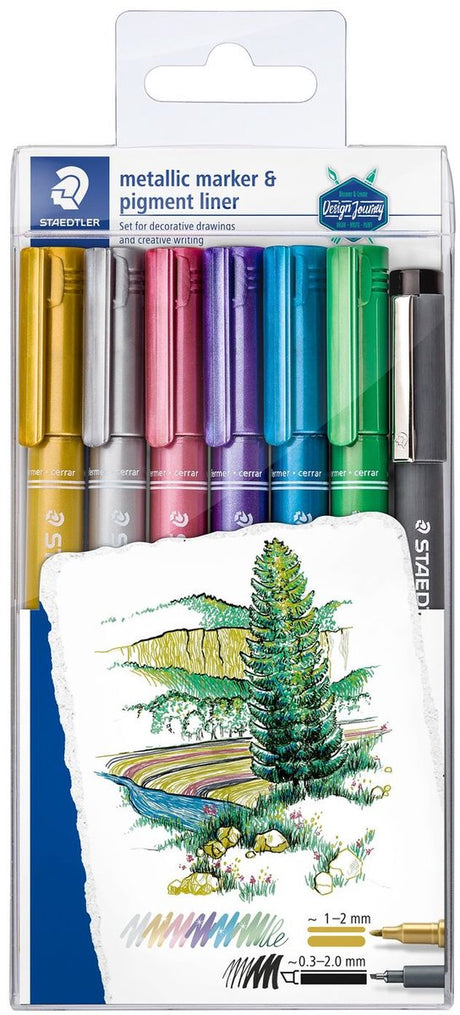 Stylo métallique Staedtler Design Journey - coffret promotionnel 6 couleurs + liner pigmenté gratuit
