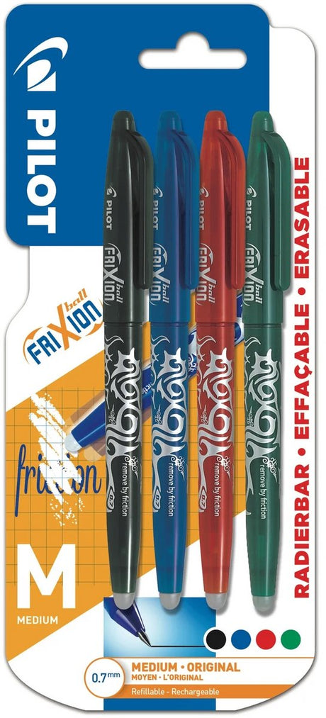 Stylo à bille Pilot Ball Frixion Assortiment de couleurs, pointe moyenne, 0,7 mm, blister de 4 pièces