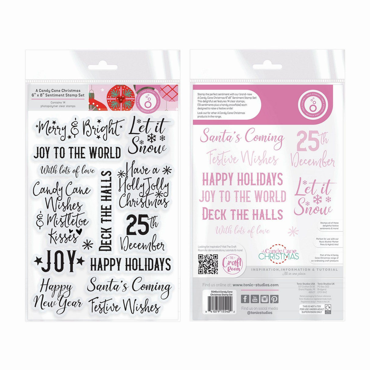 Tonic Studios • Un ensemble de tampons de Noël en forme de canne en bonbon, sentiments