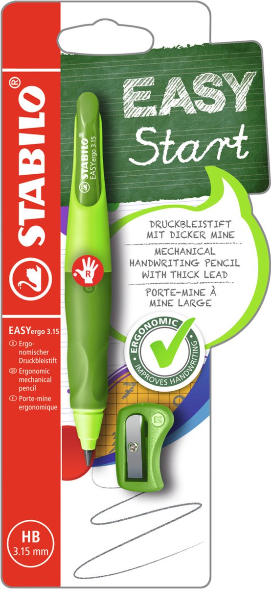 Stabilo easyergo 3.15 - porte-mine ergonomique - droitier - rechargeable - vert clair vert foncé - recharge crayon extra épaisse 3,15 mm