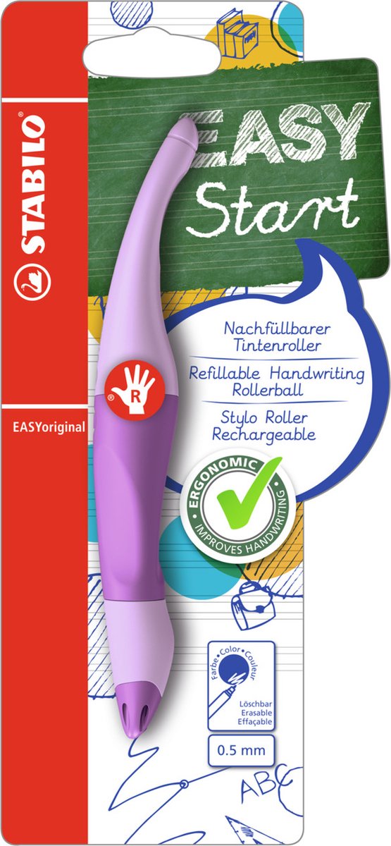 Stylo roller ergonomique Stabilo easyorginial - droitier - encre bleue - rechargeable - blush lilas pastel