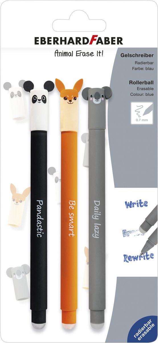 Eberhard faber - stylo gel - animal effaçable - blister cul. couleur - couleur d'écriture bleu - ef-582123 - (panda, koala, renard)