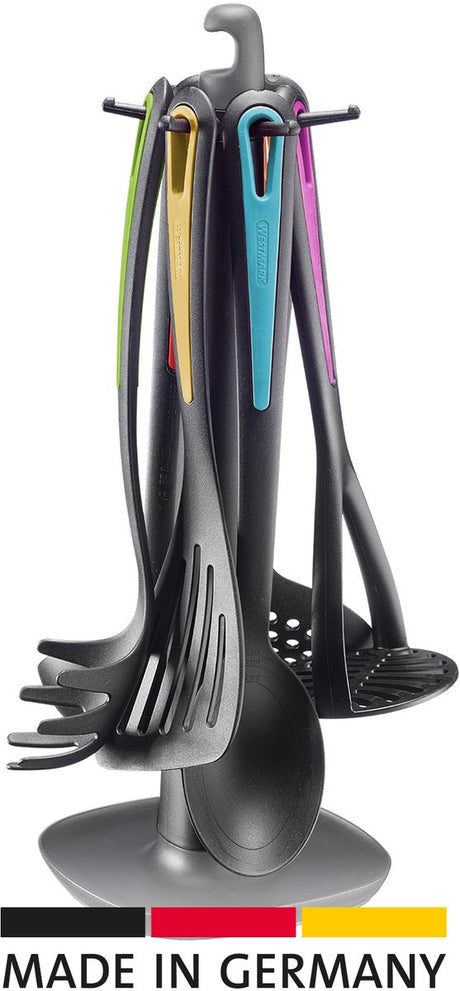 Ustensiles de cuisine Westmark - galant standard rotatif avec presse-purée, cuillère à légumes, cuillère à spaghetti, cuillère à soupe, écumoire et spatule - ensemble multicolore de 7 pièces
