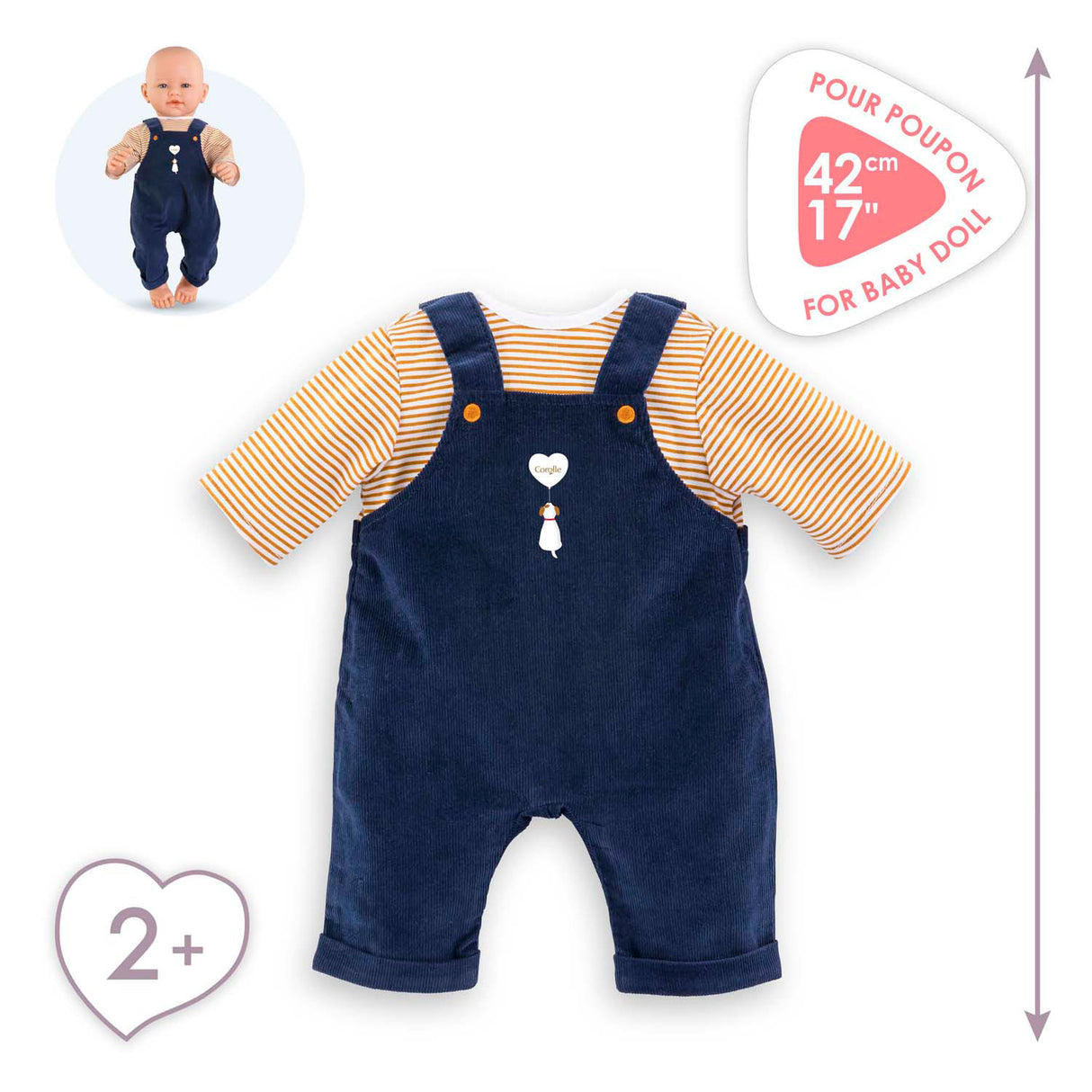 T-shirt Corolle et salopette bleu marine pour poupée bébé 42cm