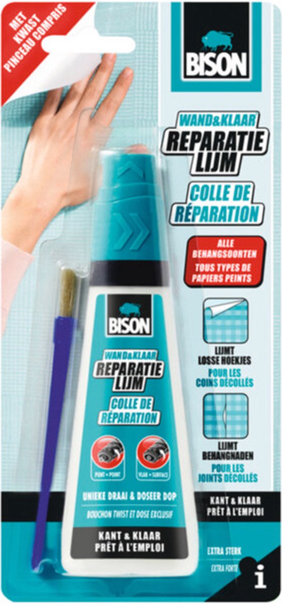 Colle de réparation pour papier peint Bison wall ready® 90 ml incl. pinceau à colle, prêt à l'emploi, extra résistant, coins et coutures lâches, adapté à tous types de papiers peints différents