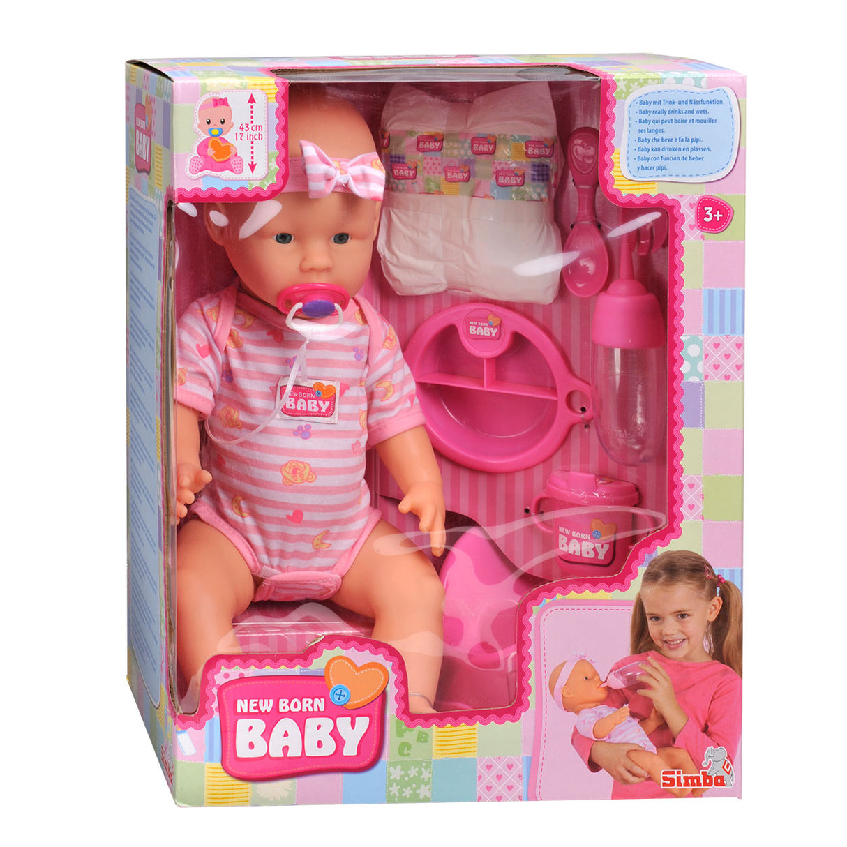 Simba - nouveau-né - poupée - 43 cm - yeux endormis - rose - fonction boire et faire pipi - poupée