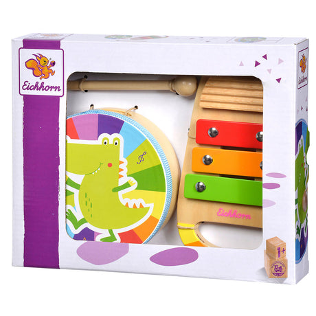 Ensemble de musique en bois Eichhorn, tambour et xylophone - jouets musicaux colorés.