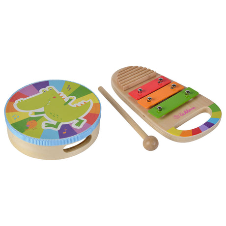 Ensemble de musique en bois Eichhorn, tambour et xylophone - jouets musicaux colorés.