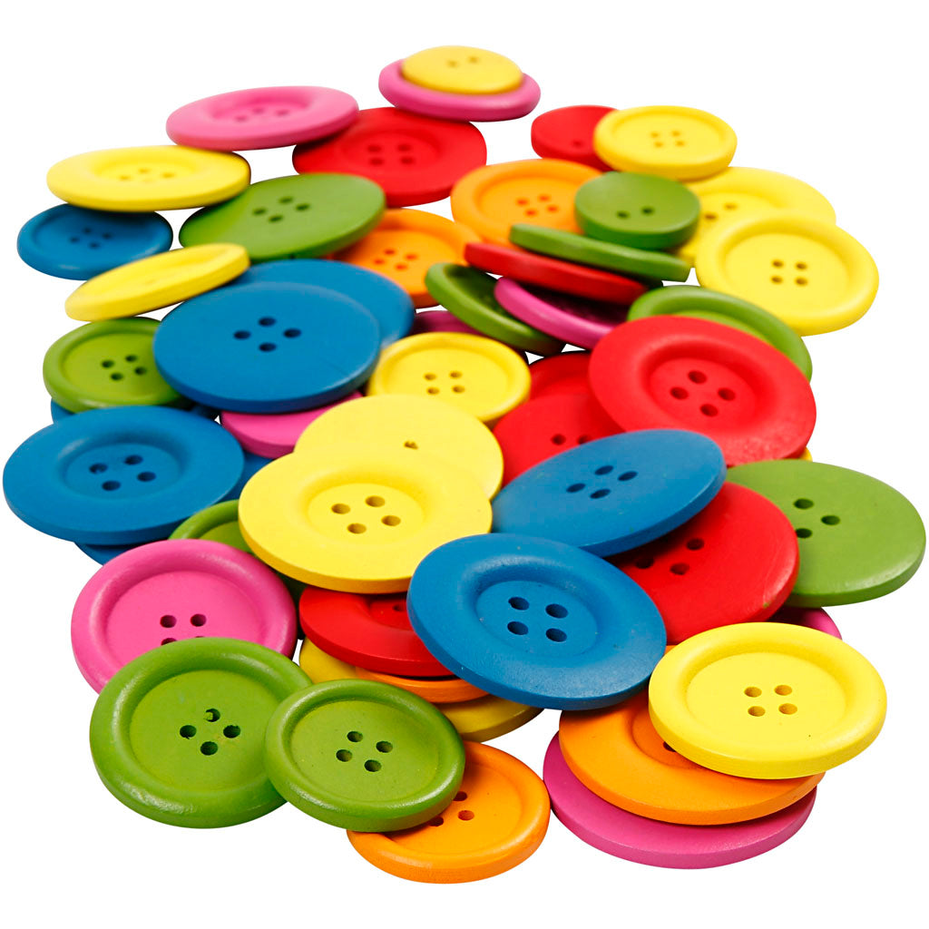 Boutons en bois Creativ company, d 25-40 mm, 2-4 trous, différentes couleurs, 144 pièces 1 boîte