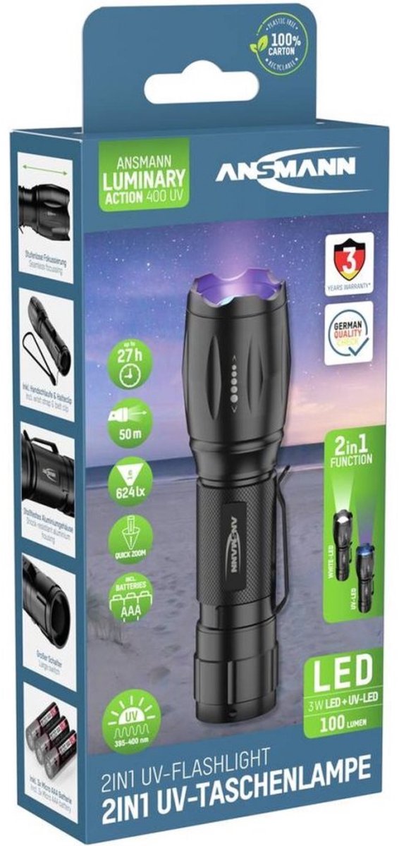 Lampe de poche UV et LED incl. 3 piles AAA | 2 pièces