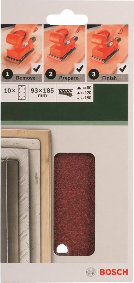 Jeu de 10 feuilles abrasives Bosch pour ponceuses orbitales 93 x 185 mm - grain 60 ; 120 ; 180