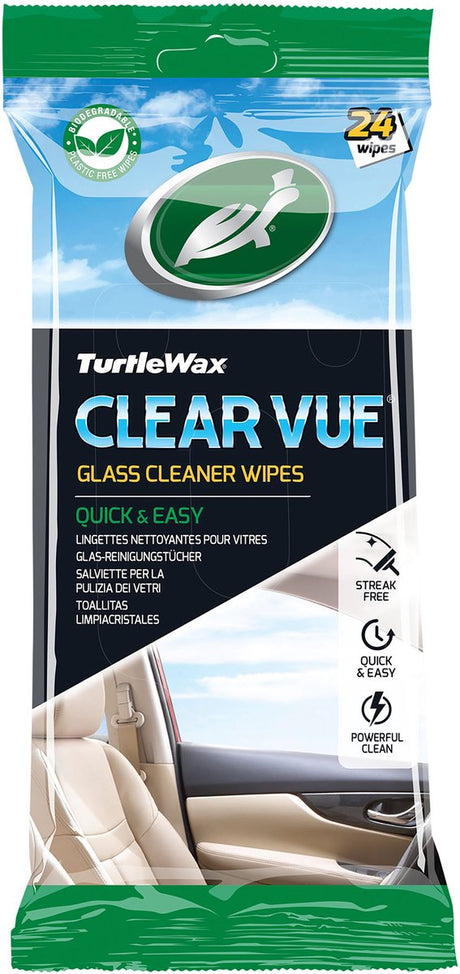 Lingettes nettoyantes pour vitres Turtle Wax Clear Vue - nettoyage supérieur - pour surfaces en verre et miroirs - intérieur et extérieur de la voiture - dans un emballage refermable - 24 lingettes