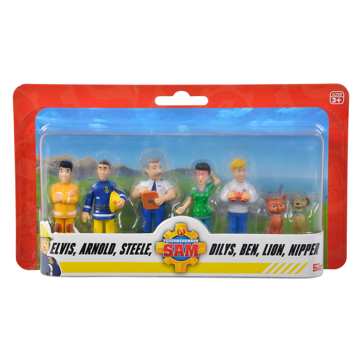 Simba, Sam le pompier, figurines de jeu avec 2 chiens, 7 pièces.