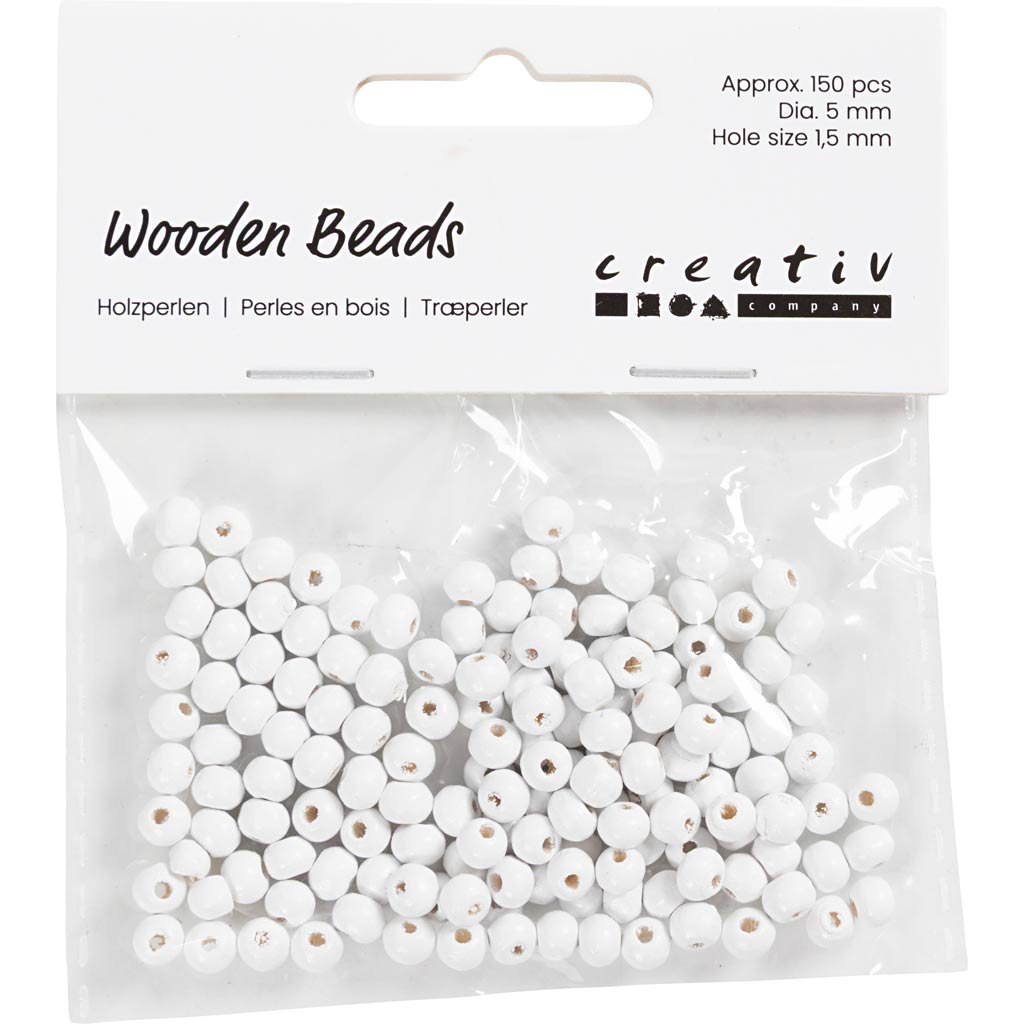 Perles en bois Creativ Company, d 5 mm, diamètre du trou 1,5 mm, env. 150 pièces, blanc, 6 g 1 boîte