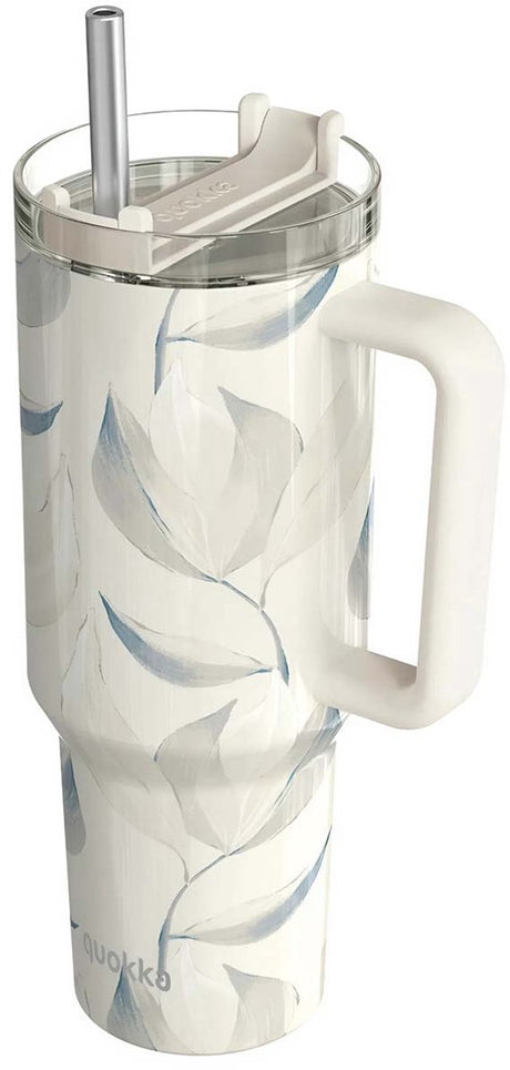 Quokka, tasse isotherme 1200 ml avec paille à motif feuille de coton, blanc