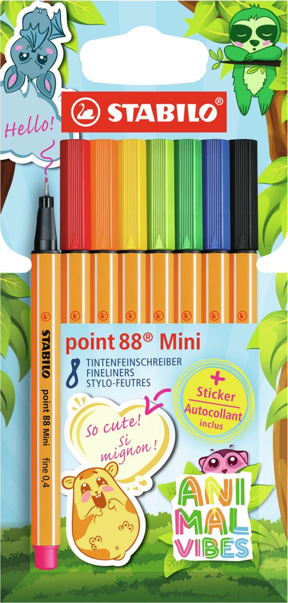 Stabilo point 88 mini - feutre fin premium - vibes animales - étui de 8 couleurs + autocollant