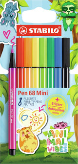 Stabilo pen 68 mini - feutre premium - animal vibes - étui de 8 couleurs + autocollant