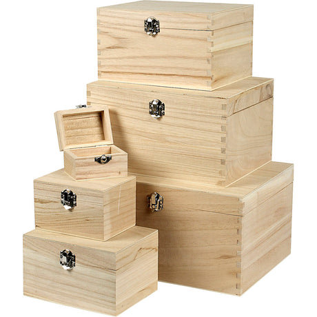 Creativ company coffret de caisses en bois, h: 5+7+9+11+13+15 cm, l: 8+11,8+15,8+20+24+27,7 cm, l: 5,8+8,8+12+15+18+21 cm, 6 pièces 1 set