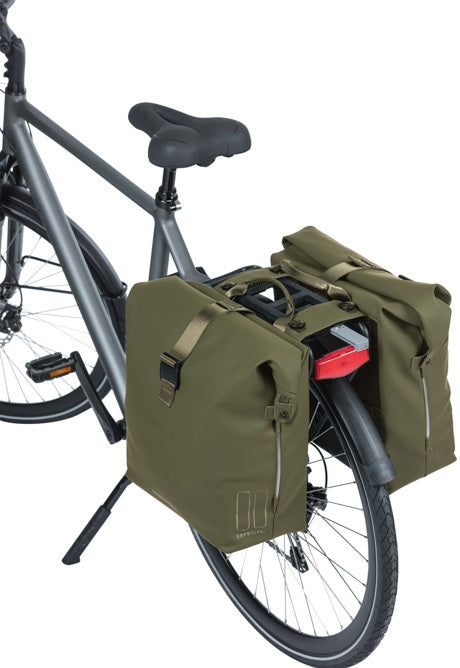 Basil Soho Double Bicycle Bag Nordlicht Mik Waterproof, green bicycle bag with LED lighting, 41L