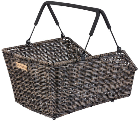 Basil Cento Rattan Multi System bicycle basket on the back of brown