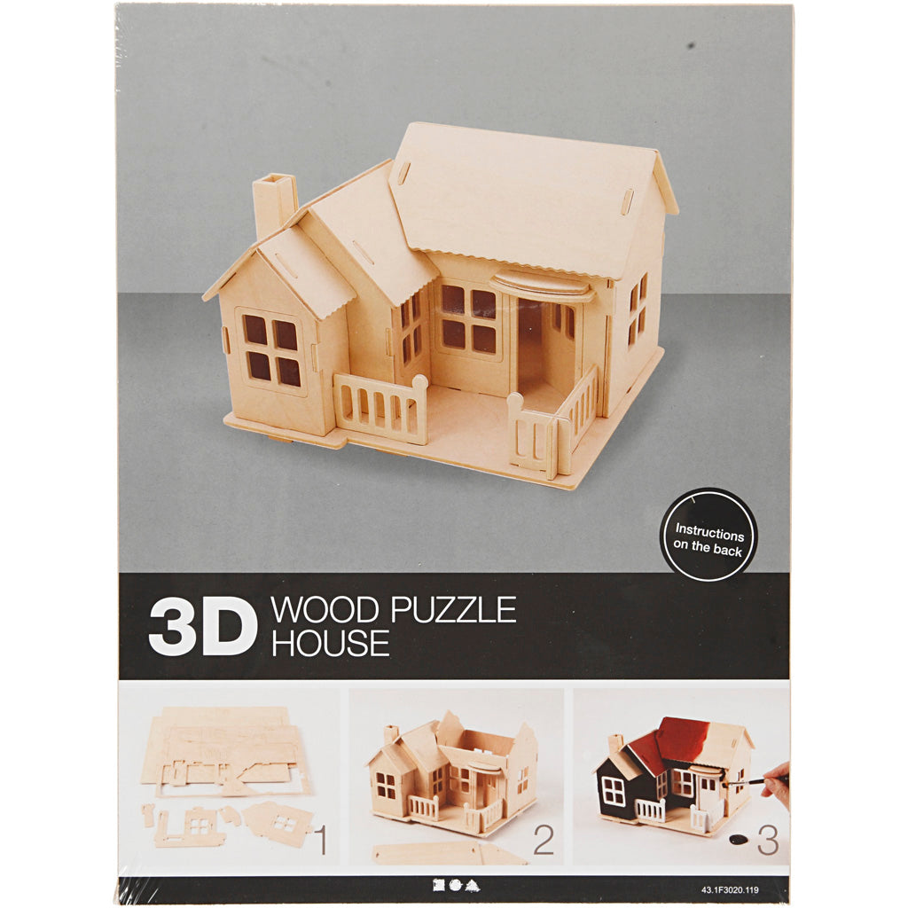 Creativ company Jeu de construction 3D en bois, maison avec terrasse, dimensions 19x17,5x15, 1 pièce