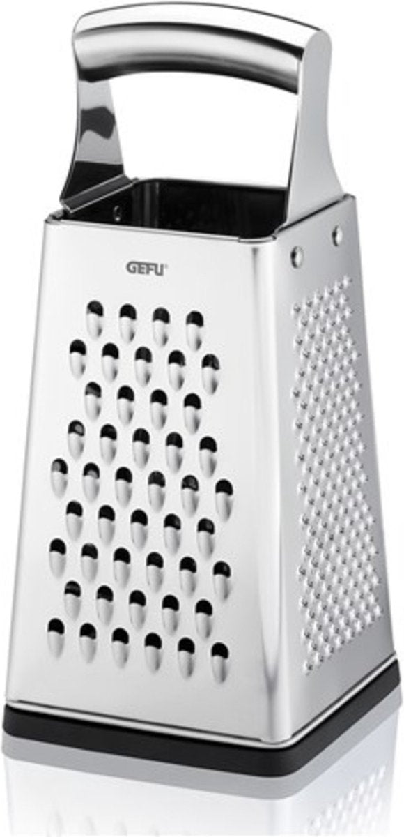 Râpe bloc Gefu grato 24,5 cm – 4 en 1 – acier inoxydable – avec bac de récupération et couvercle antidérapant
