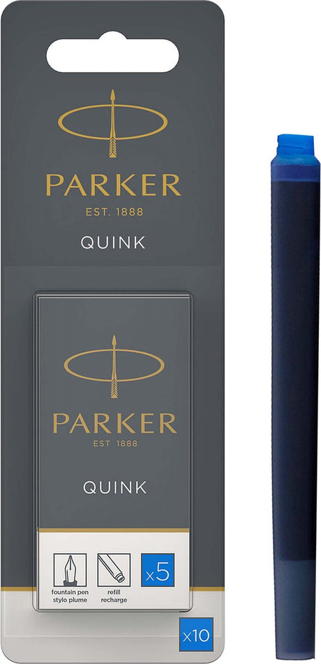 Cartouches d'encre longues pour stylo plume Parker - encre Quink bleue - lavables - 10 pièces