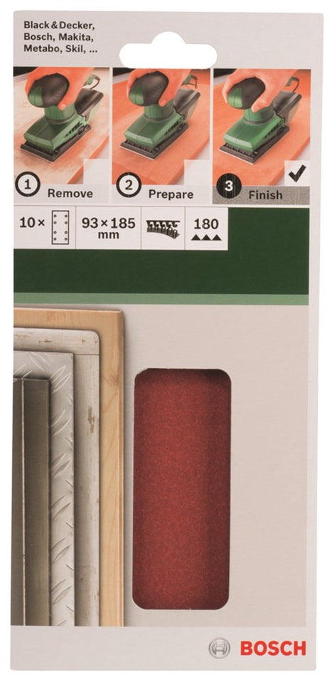 Jeu de 10 feuilles abrasives Bosch pour ponceuses orbitales 93 x 185 mm - grain 180