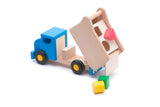 Camion benne en bois Bajo avec blocs bleus.