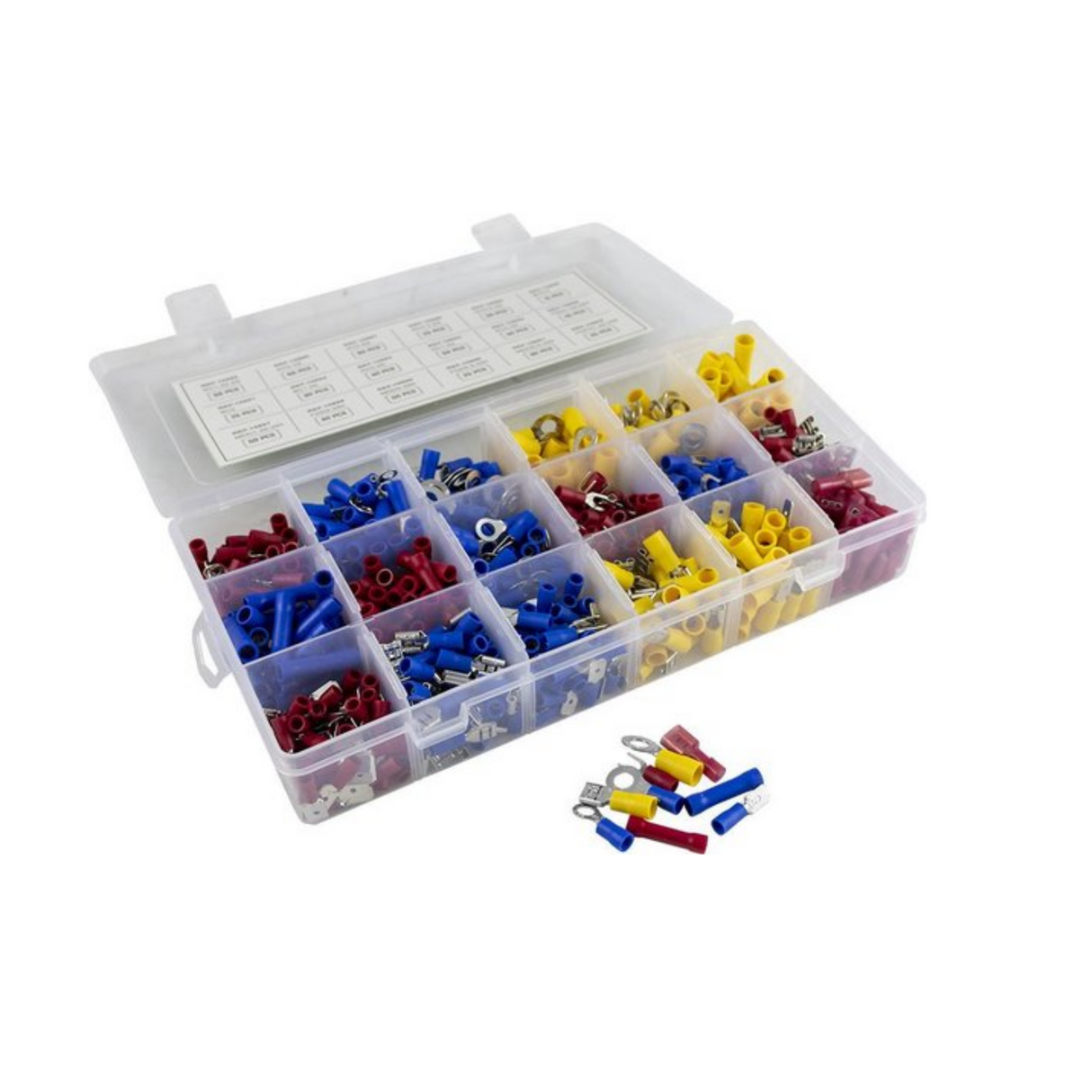 Assortiment de cosses de câble, 270 pièces dans une boîte de rangement.