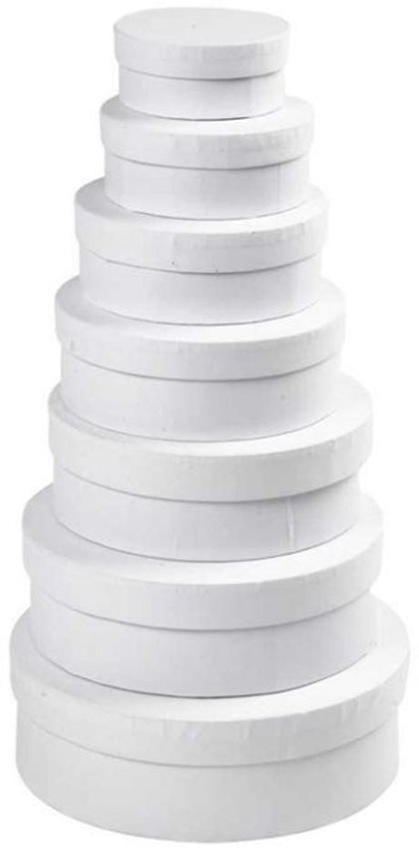 Boîtes rondes Creativ company, h : 4+4,5+5+5,5+6+6,5+7 cm, d 8,5+10,5+12,5+14,5+16,5+18,5+21,5 cm, blanc, 7 pièces 1 set