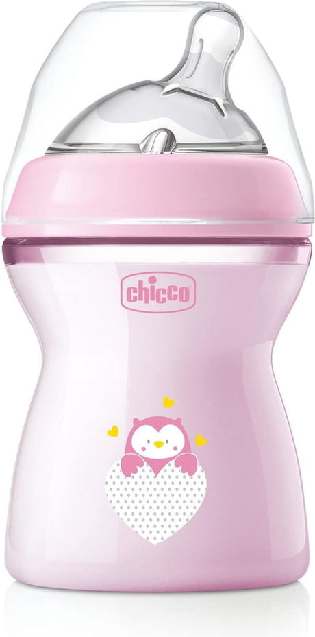 Chicco biberon sensation naturelle 2 mois + 250 ml, biberon avec ventouse en silicone souple et flexible, adapté à l'allaitement mixte, débit moyennement dense, rose 2+ m