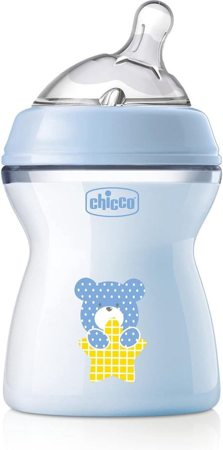 Chicco biberon anticolique sensation naturelle, 2 mois + 250 ml, biberon avec ventouse en silicone souple et flexible, adapté à l'allaitement mixte, débit moyen, coloris bleu clair 2+ m